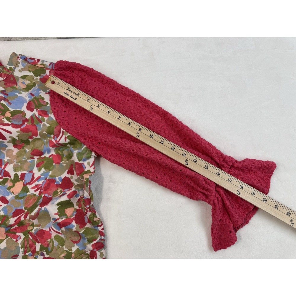 LOGO Lori Goldstein 3/4 Sleeve Top Eyelet Lace Sleeve Pink Rose Cloud Pockets 1x - Picture 9 of 13